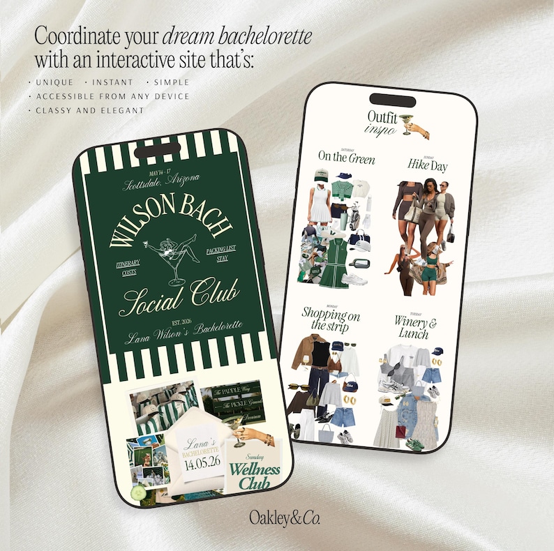 Digital Download Bachelorette Planning Template Canva Website Design Bach Party Organizer Preppy Green Theme Matching Invitation Suite Complete Itinerary Planner Weekend Coordinator Packing List Template Stay Information Pages Golf Hiking