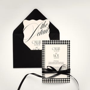 Digital Wedding Suite Template Canva Bundle Editable Invitation Package Black Calligraphy Design Modern Serif Typography Diamond Harlequin Border Pattern Elegant Romantic Style Complete RSVP Card Details Insert Instant Download Easy DIY