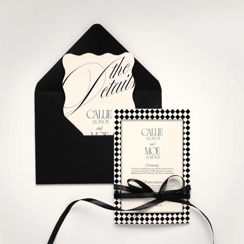 Digital Wedding Suite Template Canva Bundle Editable Invitation Package Black Calligraphy Design Modern Serif Typography Diamond Harlequin Border Pattern Elegant Romantic Style Complete RSVP Card Details Insert Instant Download Easy DIY