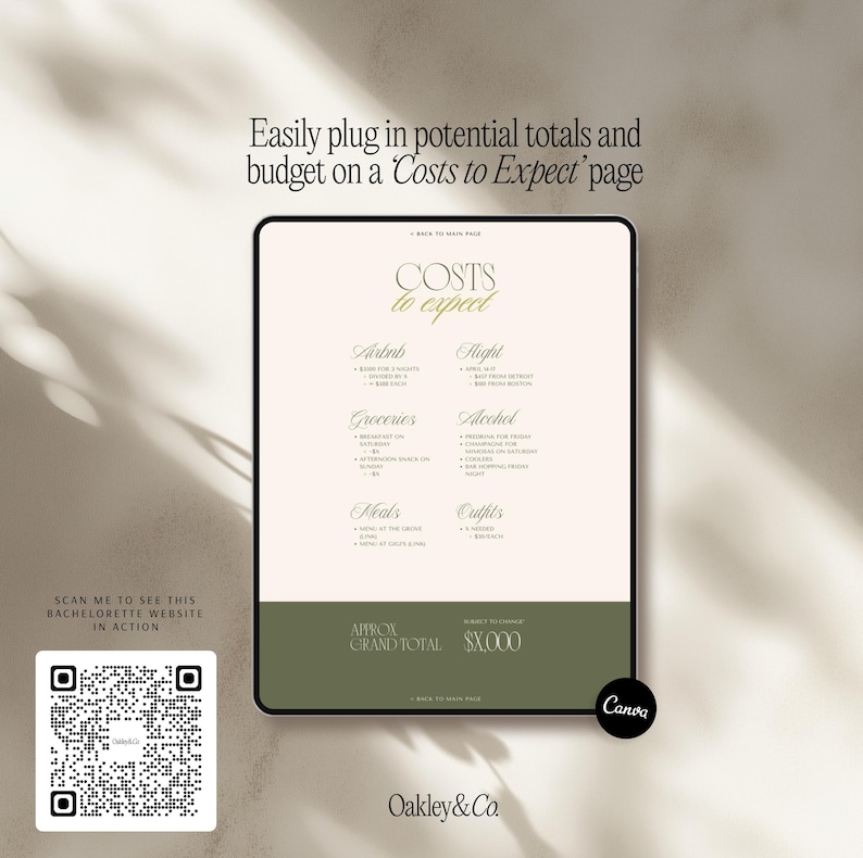 May include: A digital tablet screen displaying a Costs to Expect template with categories for Airbnb, flight, groceries, alcohol, meals, and outfits. The layout features a cream background, olive green footer, and a QR code for a bachelorette website.