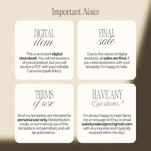 May include: A digital information graphic titled Important Notes with four sections: Digital item, Final sale, Terms of use, and Have any Questions? The text explains this is an instant digital download, final sale, for personal use only, and contact info.