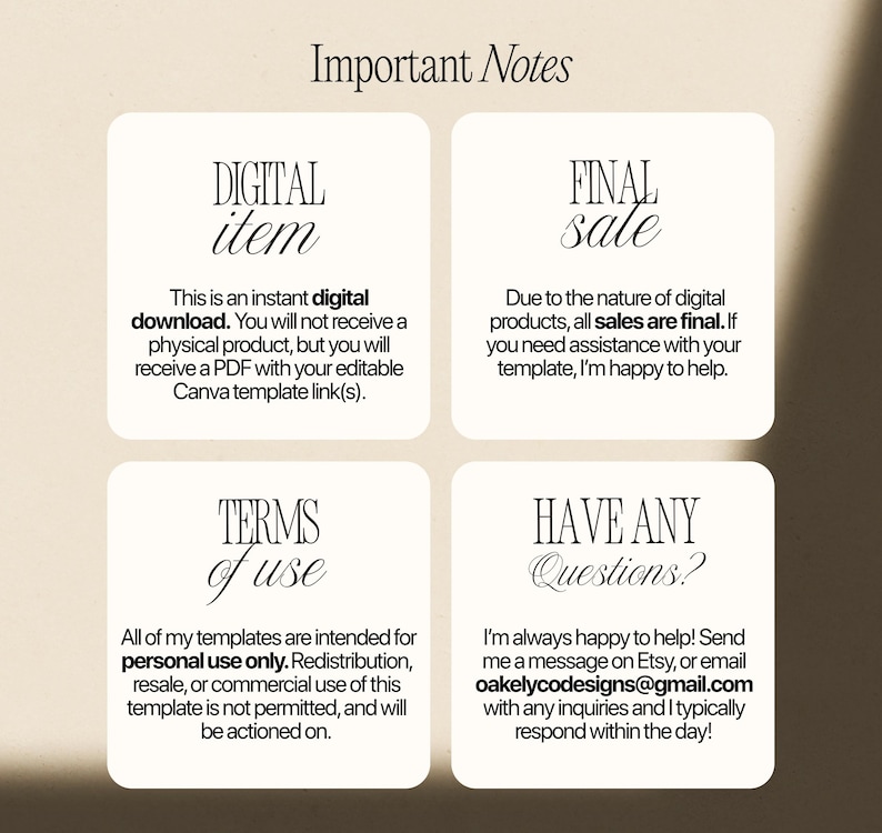 May include: A digital information graphic titled Important Notes with four sections: Digital item, Final sale, Terms of use, and Have any questions? The text explains that this is an instant digital download, sales are final, for personal use only, and provides the email address oakelycodesigns@gmail.com for inquiries.