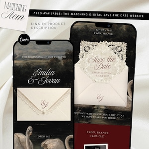 May include: Two smartphones displaying digital wedding save the date invitations. The screens feature a dark landscape background with swans, cream-colored envelopes with lace trim, and the text Emilia & Jovan, 12 July 2027, Lyon, France.