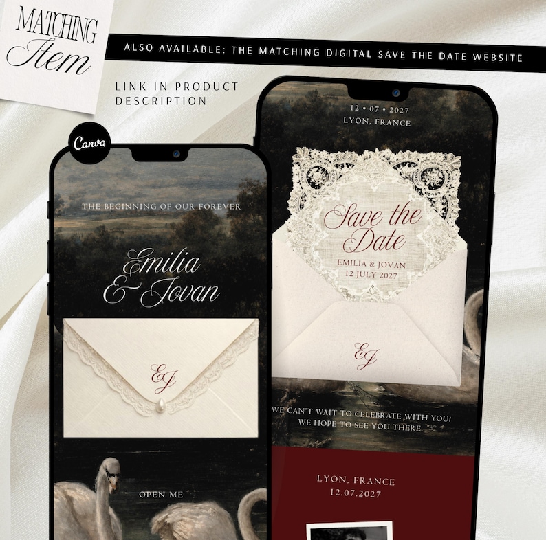 May include: Two smartphones displaying digital wedding save the date invitations. The screens feature a dark landscape background with swans, cream-colored envelopes with lace trim, and the text Emilia & Jovan, 12 July 2027, Lyon, France.