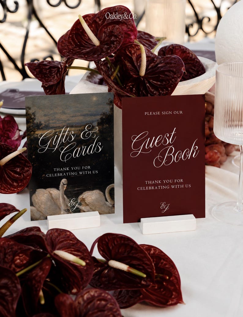Editable Wedding Template Set Burgundy Signs Collection Guest Book Sign Design Gifts Cards Display Signage Swans Oil Painting Background Customizable Canva Template Digital Download Printable Reception Romantic Vintage Style Script