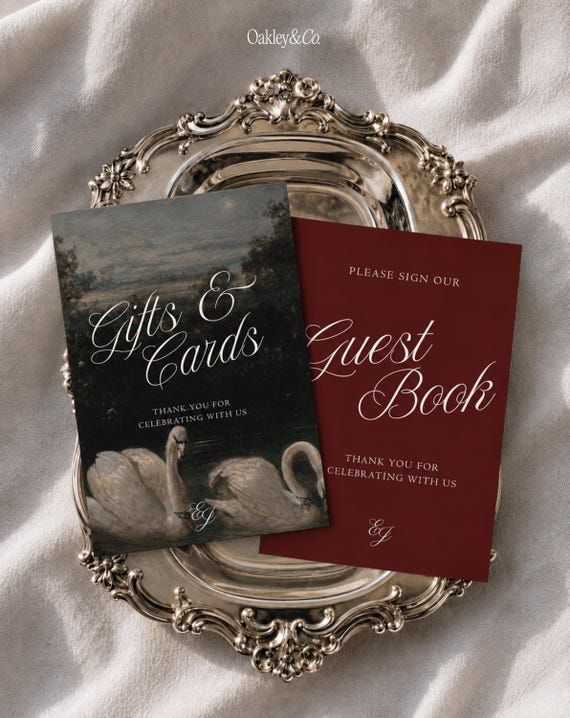 Wedding Guest Book Sign Editable Gifts Cards Sign Burgundy Wedding Signs Swans Oil Painting Wedding Signage Customizable Gift Table Sign