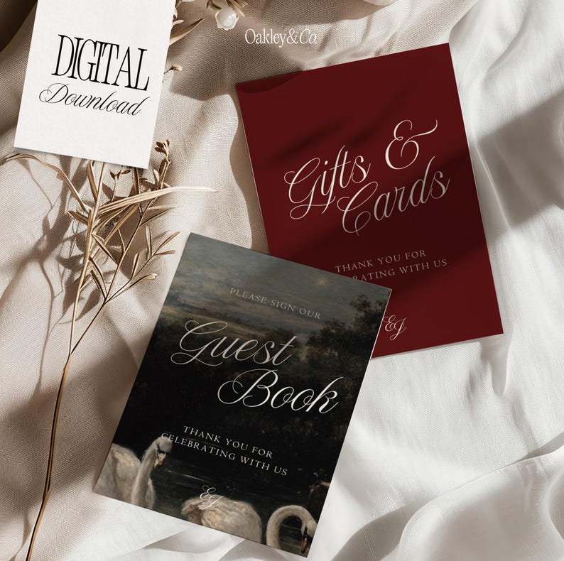 Editable Wedding Template Set Burgundy Signs Collection Guest Book Sign Design Gifts Cards Display Signage Swans Oil Painting Background Customizable Canva Template Digital Download Printable Reception Romantic Vintage Style Script