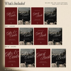 Digital Download Wedding Signs Editable Burgundy Template Collection Guest Book Sign Design Gifts Cards Signage Set Swans Oil Painting Artwork Customizable Canva Template Printable Reception Romantic Vintage Style Script Typography Classic