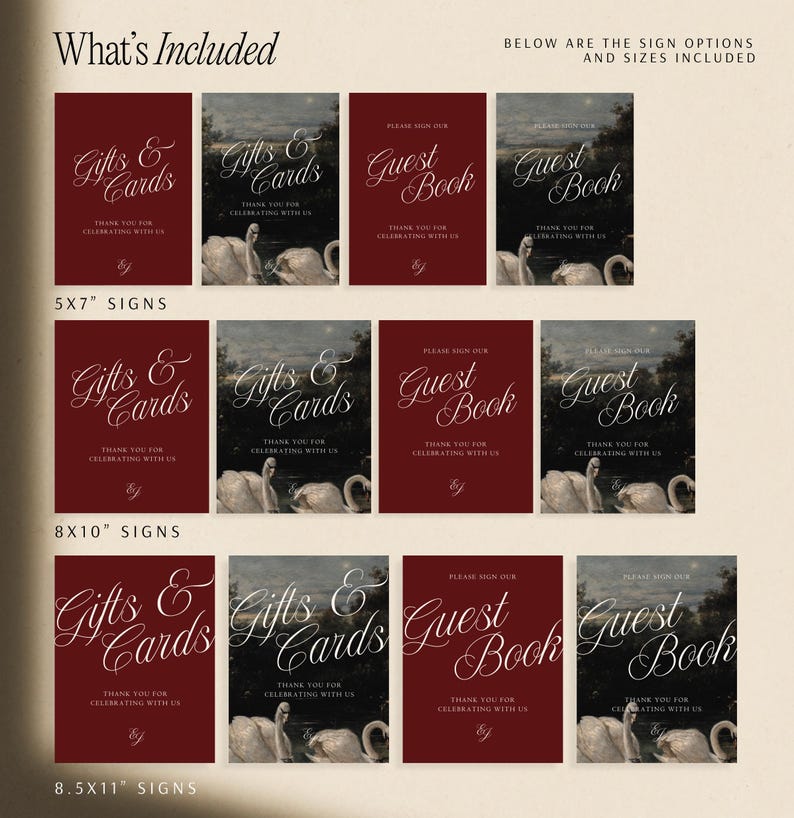 Digital Download Wedding Signs Editable Burgundy Template Collection Guest Book Sign Design Gifts Cards Signage Set Swans Oil Painting Artwork Customizable Canva Template Printable Reception Romantic Vintage Style Script Typography Classic