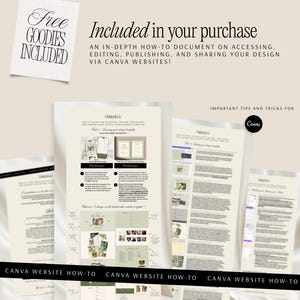 May include: A digital instructional document titled Included in your purchase, featuring an in-depth how-to guide for accessing, editing, publishing, and sharing Canva website templates. The document includes text, diagrams, and tips for Canva users.