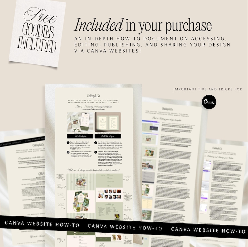 May include: A digital instructional document titled Included in your purchase, featuring an in-depth how-to guide for accessing, editing, publishing, and sharing Canva website templates. The document includes text, diagrams, and tips for Canva users.