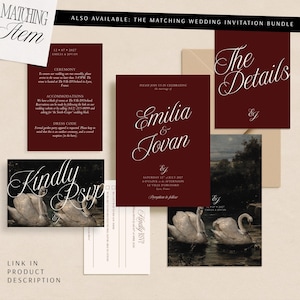 May include: A wedding stationery set featuring deep burgundy cards with white script text. Includes an invitation for Emilia and Jovan, a details card, and RSVP cards with a swan illustration. Text includes ceremony details, date 12 07 2027, and venue information for Le Ville D'Orchard.