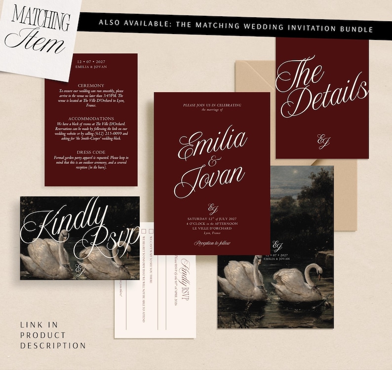 May include: A wedding stationery set featuring deep burgundy cards with white script text. Includes an invitation for Emilia and Jovan, a details card, and RSVP cards with a swan illustration. Text includes ceremony details, date 12 07 2027, and venue information for Le Ville D'Orchard.