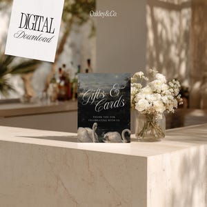 Burgundy Wedding Signs Collection Swans Oil Painting Artwork Design Editable Guest Book Sign Template Gifts Cards Signage Set Digital Download Printable Wedding Reception Romantic Vintage Style Customizable Canva Template Classic Elegant