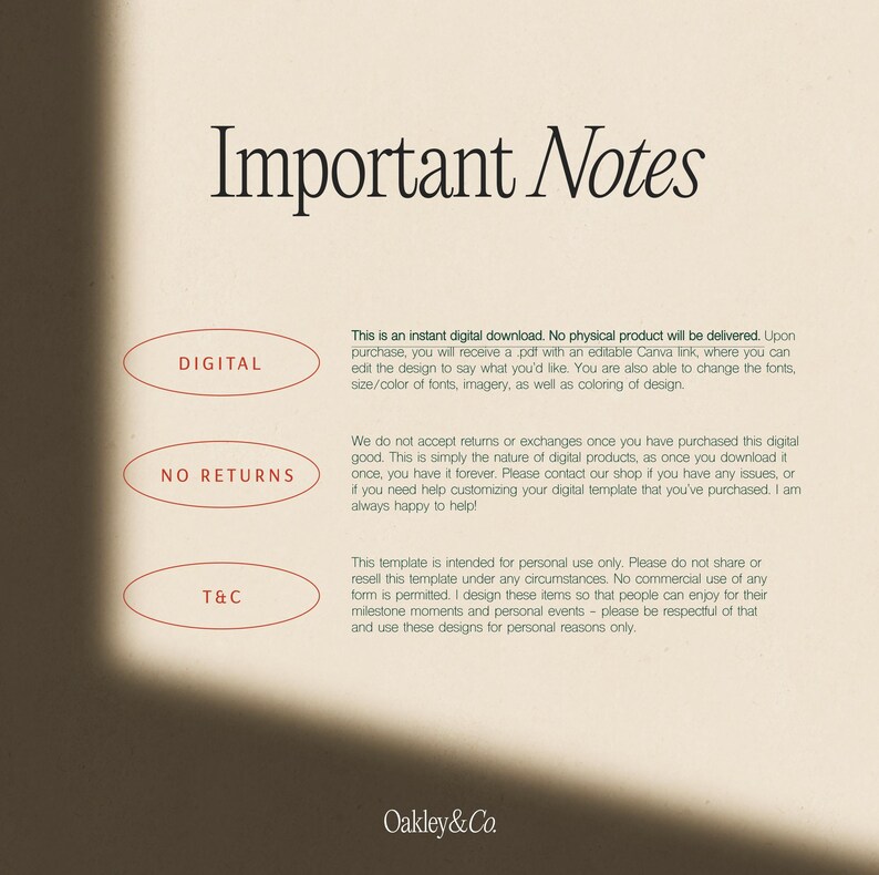 Puede incluir: Una plantilla de descarga digital beige con el texto "Important Notes" en una fuente decorativa. El texto explica el proceso de descarga digital, incluyendo no devoluciones y t&eacute;rminos y condiciones. El logotipo de Oakley & Co. est&aacute; en la parte inferior.