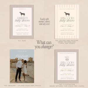 Puede incluir: Una colecci&oacute;n de invitaciones para baby shower con varios dise&ntilde;os. Una presenta una ilustraci&oacute;n de un caballo, otra un dise&ntilde;o floral y una tercera muestra a una pareja. El texto de las invitaciones incluye nombres, fechas y la frase "baby shower."