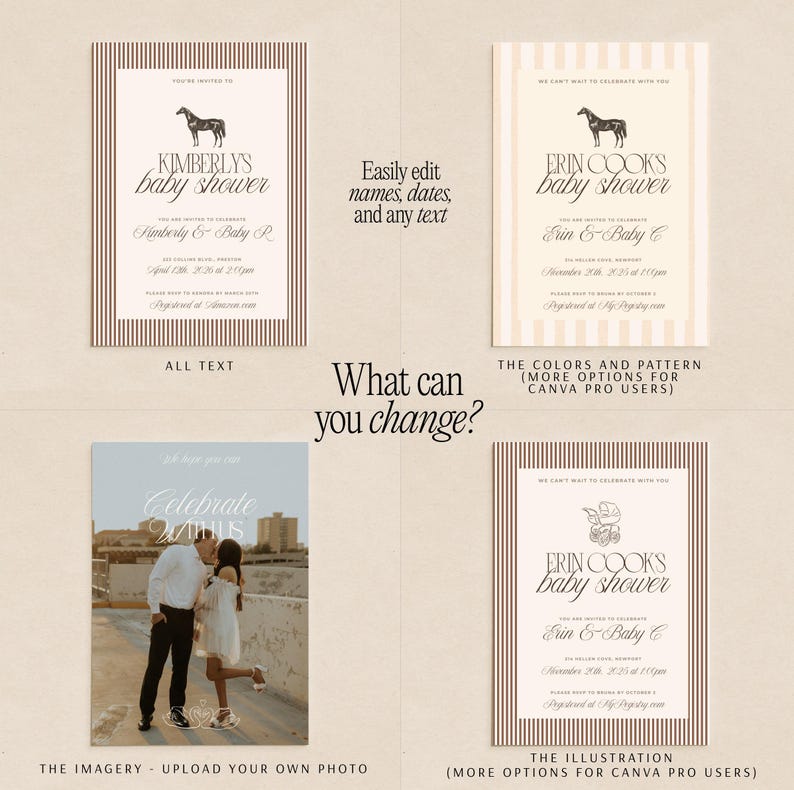 Puede incluir: Una colecci&oacute;n de invitaciones para baby shower con varios dise&ntilde;os. Una presenta una ilustraci&oacute;n de un caballo, otra un dise&ntilde;o floral y una tercera muestra a una pareja. El texto de las invitaciones incluye nombres, fechas y la frase "baby shower."