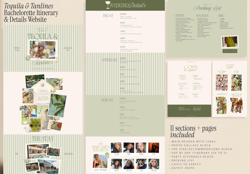 Tropical Destination Bachelorette Template Beach Party Website Design Canva Invitation Editable Instant Download Printable Itinerary Digital Planner Mobile Event Website Custom Weekend Getaway Planning Tool Tequila Tanlines Theme Sage Green