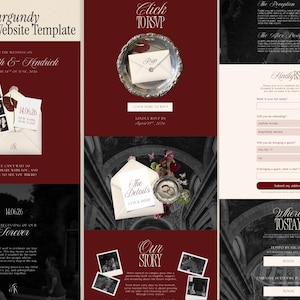 Burgundy Cream Wedding Website Template Canva Design Digital Invitation Package RSVP Form Included Save Date Card Template Matching Engagement Gift Perfect Bridal Shower Present Digital DIY Wedding Site Custom Photo Strip Three Page Layout