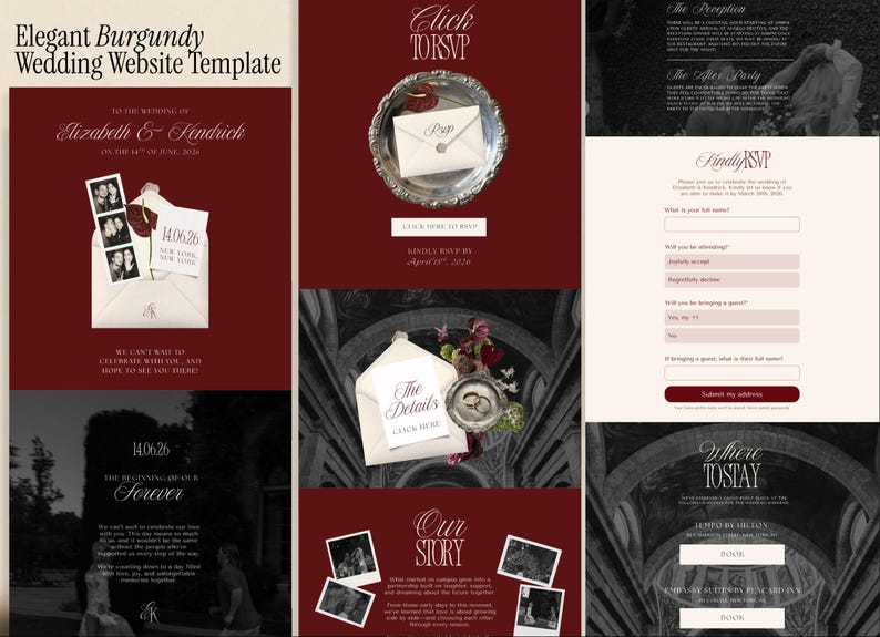 Burgundy Cream Wedding Website Template Canva Design Digital Invitation Package RSVP Form Included Save Date Card Template Matching Engagement Gift Perfect Bridal Shower Present Digital DIY Wedding Site Custom Photo Strip Three Page Layout