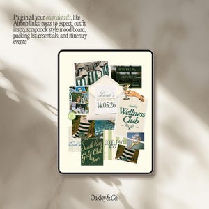 Puede incluir: Un mood board digital estilo scrapbook con varios elementos de imagen y texto. El tablero incluye fotos, texto y gr&aacute;ficos relacionados con una despedida de soltera, un club de golf y un club de bienestar. El texto incluye "Lana's BACHELORETTE 14.05.26".