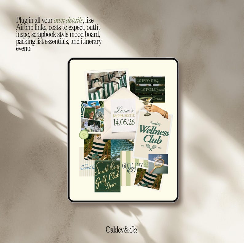 Puede incluir: Un mood board digital estilo scrapbook con varios elementos de imagen y texto. El tablero incluye fotos, texto y gr&aacute;ficos relacionados con una despedida de soltera, un club de golf y un club de bienestar. El texto incluye "Lana's BACHELORETTE 14.05.26".