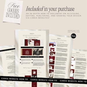May include: A digital instructional document for a Canva website template, featuring text titled Included in your purchase and Important tips and tricks for Canva. The document displays layout examples, editing steps, and design previews.