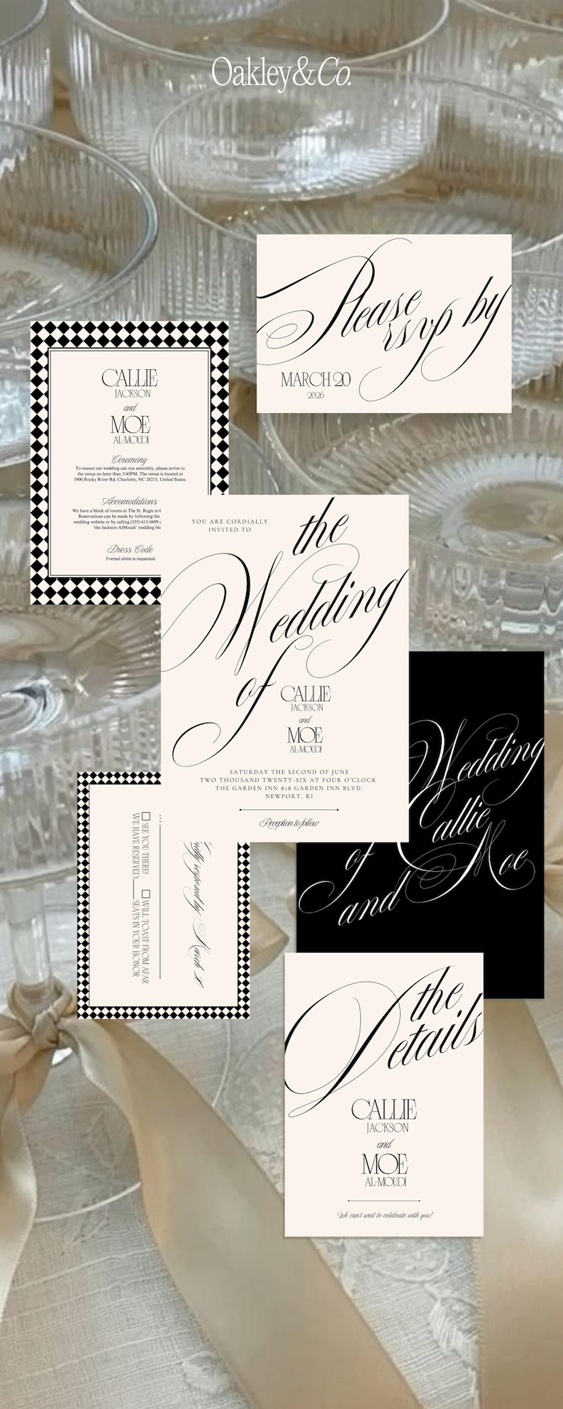 K&ouml;nnte beinhalten: Ein Hochzeitspapeterie-Set von Oakley & Co. mit cremefarbenen und schwarzen Karten, Schachbrettmustern und eleganter Schreibschrift. Das Set enth&auml;lt eine Einladung, eine RSVP-Karte, eine Detailkarte und eine Antwortkarte f&uuml;r Callie Jackson und Moe Almoudi.