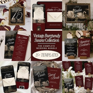 May include: A wedding stationery bundle featuring a burgundy and dark aesthetic with swan illustrations. The collection includes table numbers, menus, welcome signs, bar signs, and invitation templates with elegant white script text and ornate frames.