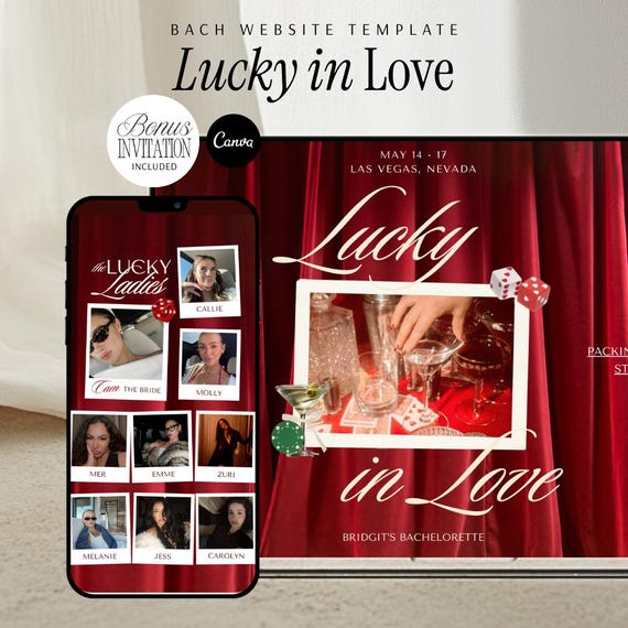 Bachelorette Website Template Canva Invitation Vegas Casino Theme Bach Party Design Lucky in Love Girls Weekend Editable Trip Planner