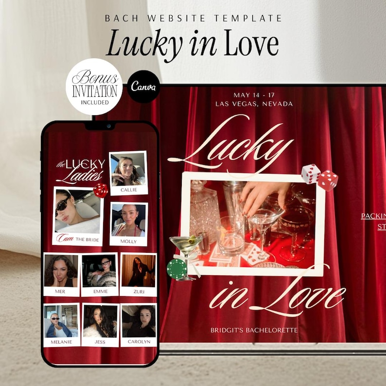 Bachelorette Website Template Canva Invitation Vegas Casino Theme Bach Party Design Digital Printable Bridal Shower Card Editable Red Curtain Backdrop Script Typography Dice Playing Cards Photo Placeholders Online Event Webpage Itinerary