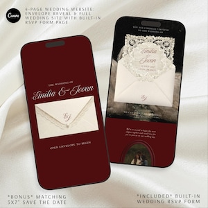Canva Editable Wedding Website Template Burgundy Theme Design Swan Artwork Oil Painting Lace Details Animated Envelope Opening Classic Vintage Romance Four Page Digital Template Landing Details RSVP Form DIY Wedding Planning Instant