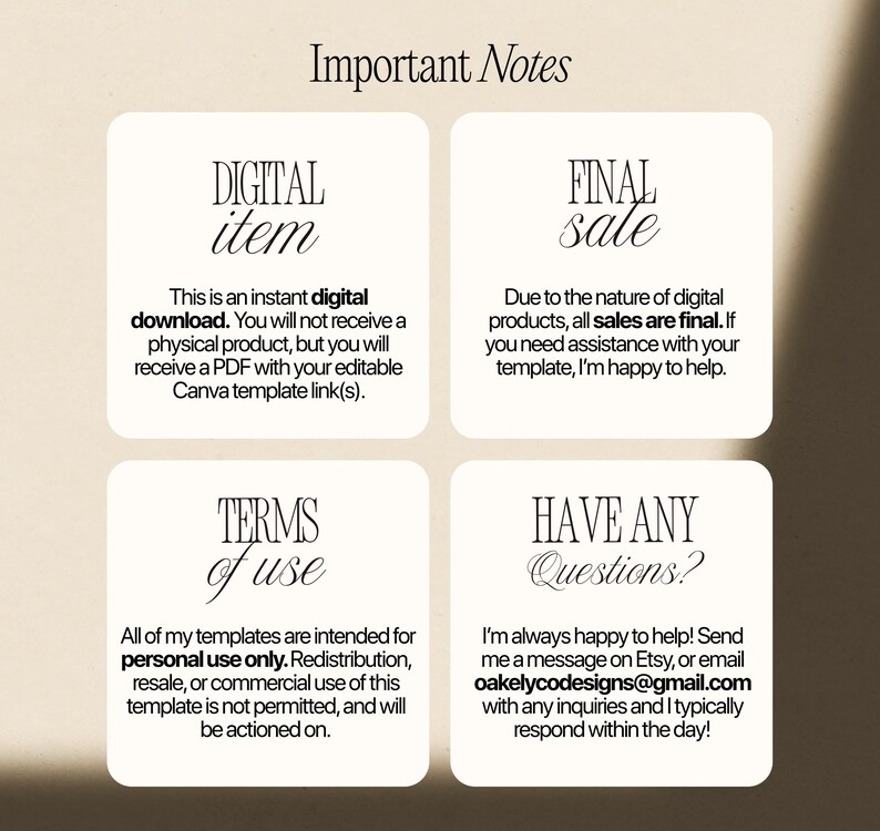 Pode incluir: Um gr&aacute;fico de informa&ccedil;&otilde;es digitais intitulado Important Notes com quatro se&ccedil;&otilde;es: Digital item, Final sale, Terms of use e Have any Questions? O texto descreve que &eacute; um download digital, venda final, apenas para uso pessoal e fornece informa&ccedil;&otilde;es de contato.