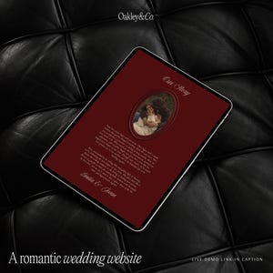Classic Romance Wedding Website Canva Template Editable Design Burgundy Vintage Theme Swan Oil Painting Artwork Lace Details Animated Envelope RSVP Four Page Layout DIY Wedding Planning Digital Download Instant Access Tutorial Guide Elegant