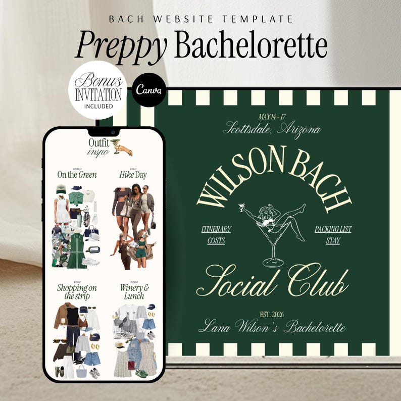 Bachelorette Website Template Canva Design Digital Download Bach Party Planning Itinerary Preppy Country Club Theme Green Color Scheme Matching Invitation Template Complete Weekend Organizer Packing List Coordinator Golf Winery Activities
