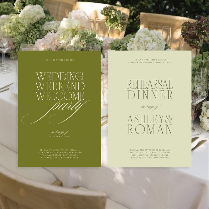 Canva Editable Wedding Template Design Printable Digital Download Invitation Rehearsal Dinner Card Collection Botanical Green Theme Welcome Party Invite Custom Bridal Stationery Garden Style Weekend Event Colors Olive Cream Taupe Elegant