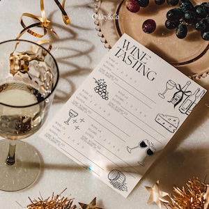 Elegant Wine Party Printable Tasting Scorecard Template Canva Download Digital File Old Money Aesthetic Coquette Style Design Hand Drawn Illustrations Wine Bottle Bow Glasses Grapes Cheese Rating System Notes Section Girls Night Activity