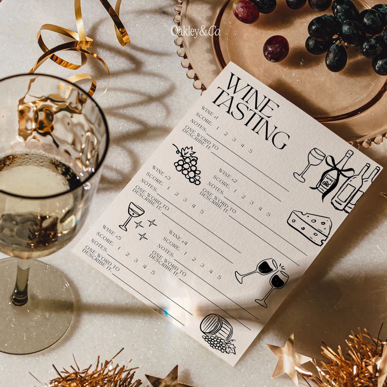 Elegant Wine Party Printable Tasting Scorecard Template Canva Download Digital File Old Money Aesthetic Coquette Style Design Hand Drawn Illustrations Wine Bottle Bow Glasses Grapes Cheese Rating System Notes Section Girls Night Activity