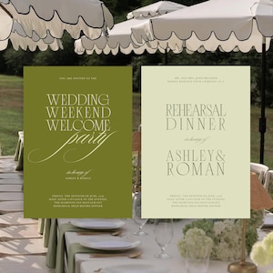 Pode incluir: Duas placas de casamento com tipografia elegante. Uma placa &eacute; verde-oliva e diz "Wedding Weekend Welcome Party". A outra &eacute; verde claro e diz "Rehearsal Dinner". Ambas as placas incluem detalhes do evento.