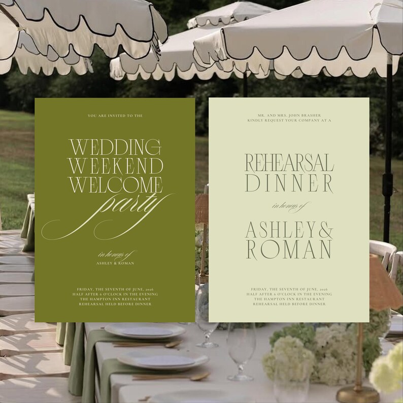 Pode incluir: Duas placas de casamento com tipografia elegante. Uma placa &eacute; verde-oliva e diz "Wedding Weekend Welcome Party". A outra &eacute; verde claro e diz "Rehearsal Dinner". Ambas as placas incluem detalhes do evento.