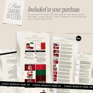 May include: A promotional image with the text "Free Goodies Included" and "Included in your purchase". The image features a document on accessing, editing, publishing, and sharing designs via Canva websites.