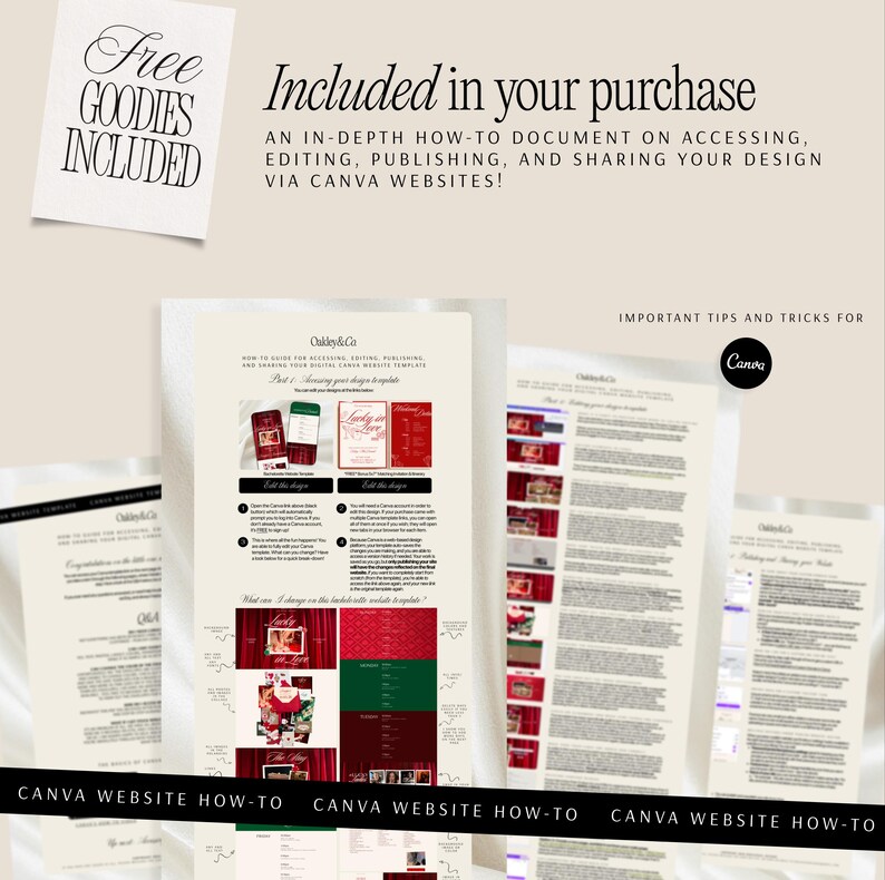 May include: A promotional image with the text "Free Goodies Included" and "Included in your purchase". The image features a document on accessing, editing, publishing, and sharing designs via Canva websites.