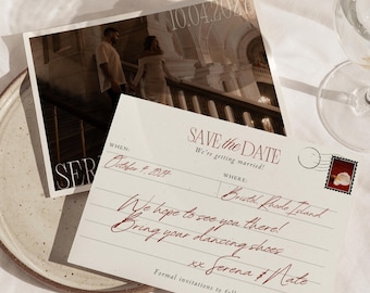 Old Money Save the Date Template Postcard Burgundy Vintage Wedding Announcement Printable Canva Editable Photo Card Simple Minimalist