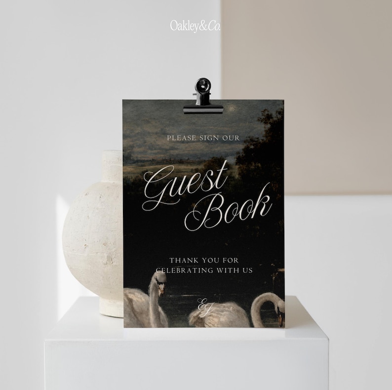 Customizable Wedding Sign Collection Burgundy Guest Book Template Editable Gifts Cards Display Set Swans Oil Painting Design Digital Download Printable Reception Signage Romantic Vintage Style Canva Template Classic Elegant Script
