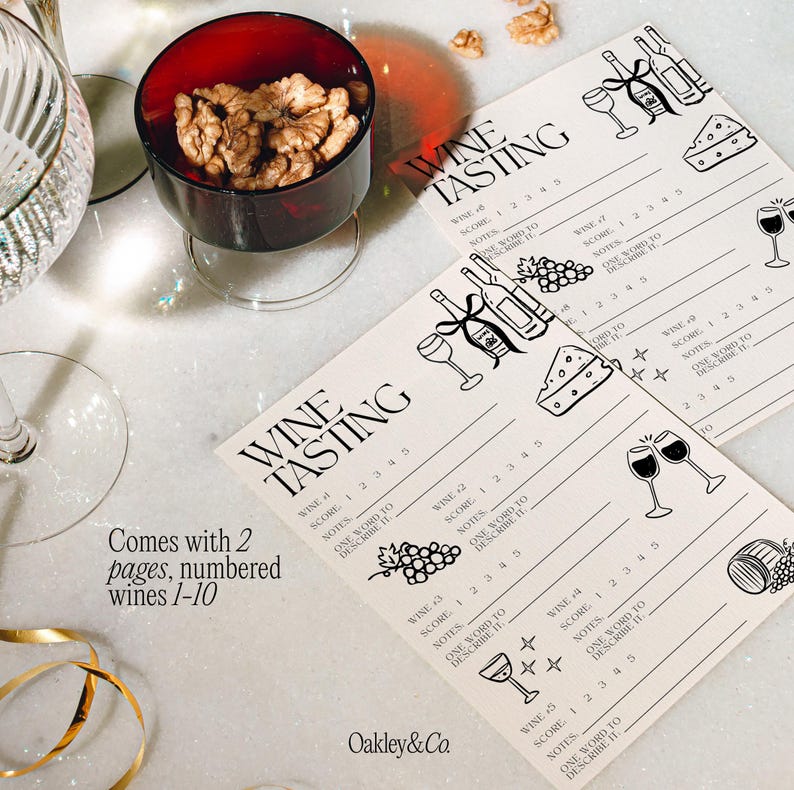 Canva Template Download Wine Tasting Scorecard Printable Digital File Customizable Design Editable Fonts Colors Layout Hand Drawn Illustrations Elegant Party Planning Girls Night Activity Cocktail Event Entertainment Rating Card System