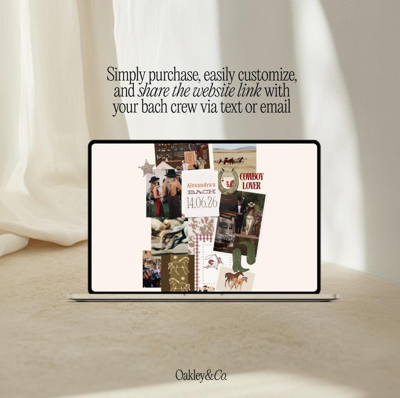 May include: A laptop displays a collage with a cowboy theme, including images of horses, boots, and hats. Text on the screen reads "Alexandra's BACH 14.06.26" and "COWBOY LOVER". The screen is set against a neutral background.