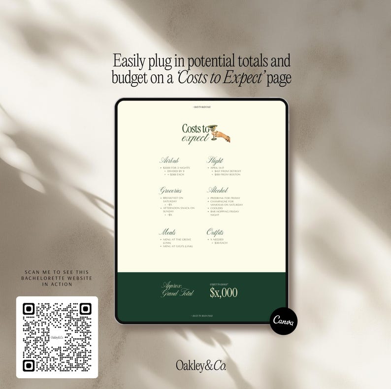 Puede incluir: Una tableta digital muestra una p&aacute;gina de 'Costos a esperar' para una despedida de soltera, con categor&iacute;as como 'Airbnb' y 'Alcohol'. La tableta es de color verde oscuro y crema, con el texto 'Oakley & Co' en la parte inferior. Un c&oacute;digo QR y el texto 'SCAN ME TO SEE THIS BACHELORETTE WEBSITE IN ACTION' est&aacute;n a la izquierda.