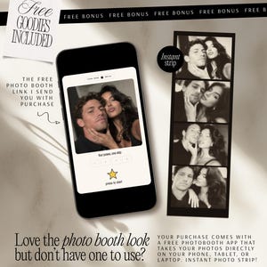 May include: A smartphone displaying a photo booth interface with a couple's portrait, alongside a vertical black and white photo strip featuring four poses of the same couple. Text includes Free Goodies Included, Instant strip, and press to start.