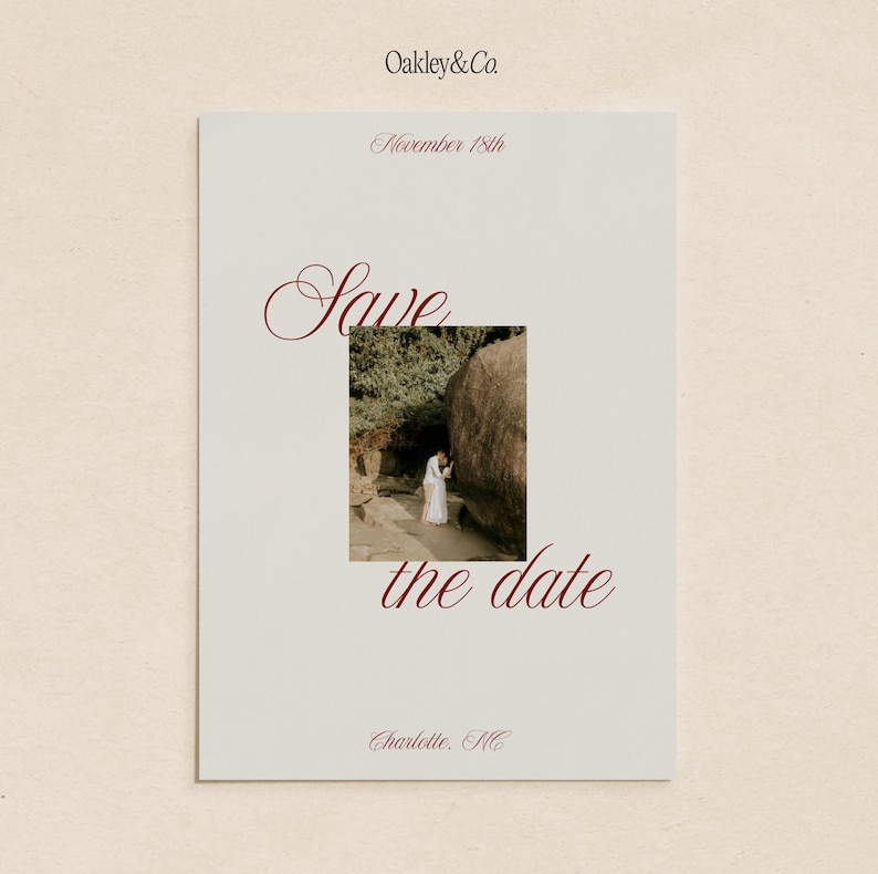 Engagement Announcement Card Save The Date Template Editable Canva Design Printable 5x7 Simple Minimal Wedding Card Burgundy Script Text Cream Textured Background Photo Space Instant Download PDF DIY Custom Wedding Planning Elegant Modern