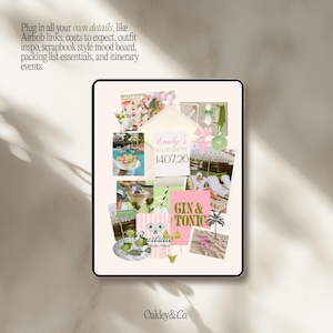 May include: A digital mood board template featuring a collage of bachelorette party imagery, including cocktails, beach scenes, and swimwear. The center displays text reading Emily's Bachelorette 14.07.26 and Gin & Tonic. The layout includes an envelope graphic.